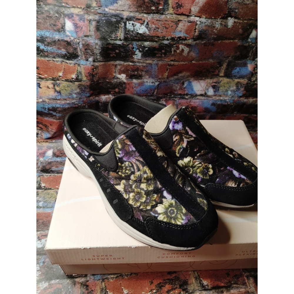 Easy Spirit Traveltime 622 Black Purple Floral Clog Mule Sneakers Womens Size 8m